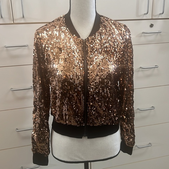 ⭐️HP! Women's Sequin Jacket Long Sleeve Cropped Zipper Up Party Glitter Bomber - Picture 5 of 10
